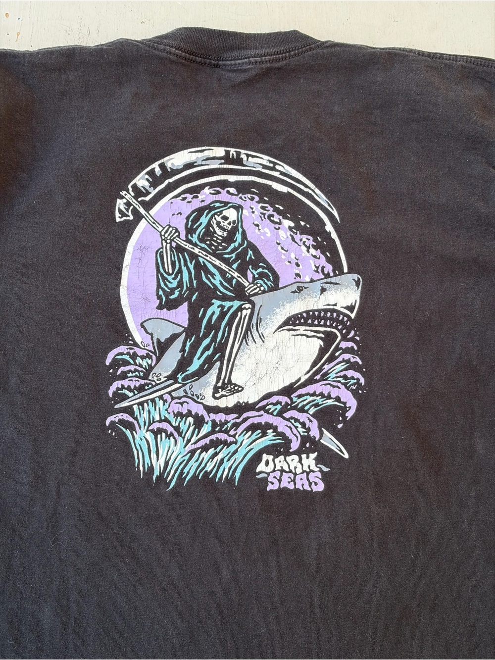 Men's Dark Seas T-Shirt Black Reaper L Shark Cryptic City Gothic Dark Beach Wave